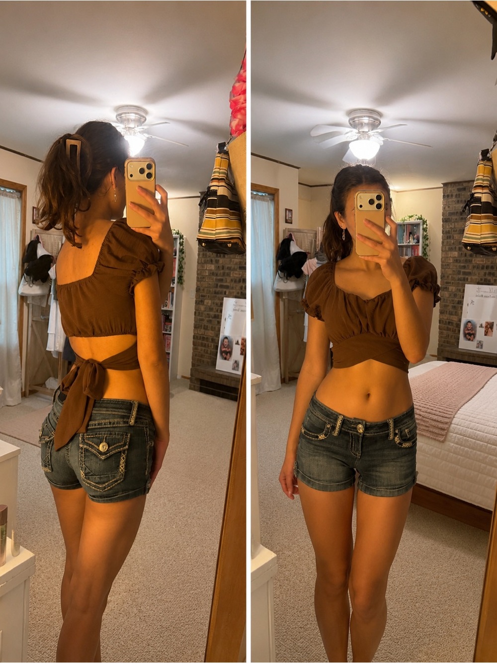 Brown Tie-Back Puff Sleeve Cropped Top